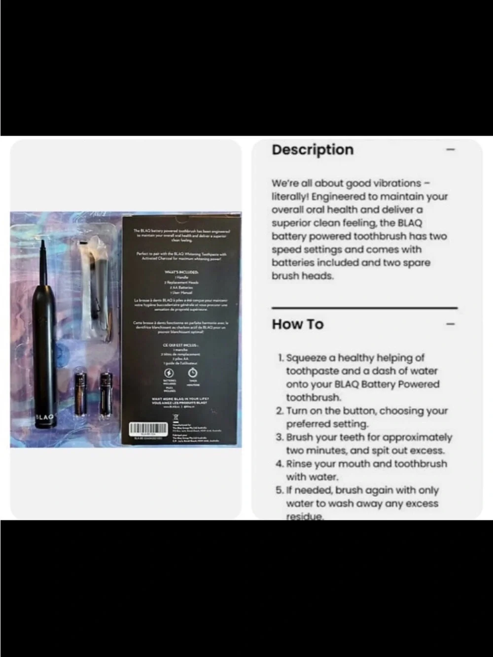 BLAQ Battery Powered Toothbrush Kit NEW Handle, 2 Heads, Batteries NEW $65